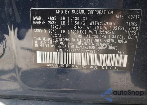 2018 Subaru Outback 2.5I Premium из США, поврежденный, VIN 4S4BSADC2J3238120